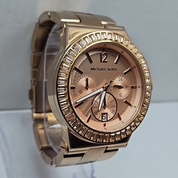 Michael Kors Dylan Rose Gold Chronograph Date Watch Baguette MK New Battery - Picture 3 of 10
